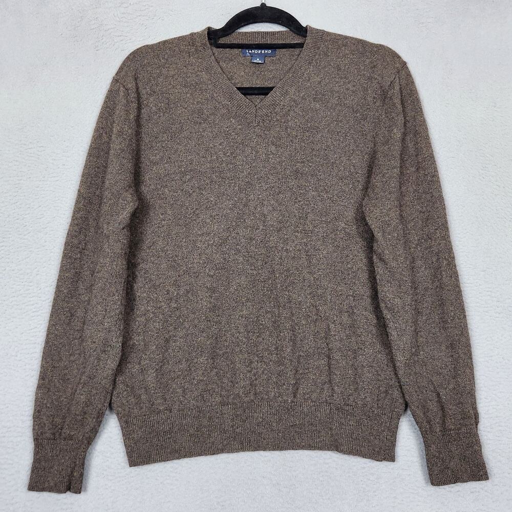 Lands' End Sweater Mens Small Brown 100% Cashmere V Neck Knit Pullover Soft